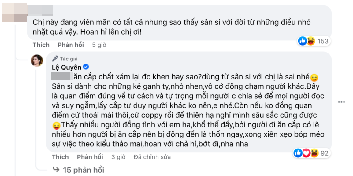 Lệ Quyên "phản pháo" gay gắt khi bị chê sân si Lệ Quyên "phản pháo" gay gắt khi bị chê sân si
