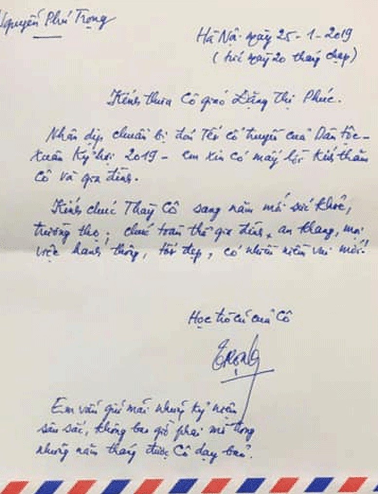 Bức thư tay của học trò Nguyễn Phú Trọng gửi cô giáo cũ trước thềm xuân Kỷ Hợi 2019