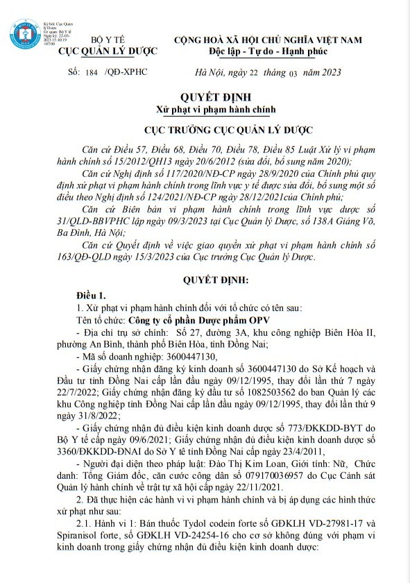 Công ty cổ phần Dược phẩm OPV bị xử phạt 120 triệu đồng Công ty cổ phần Dược phẩm OPV bị xử phạt 120 triệu đồng
