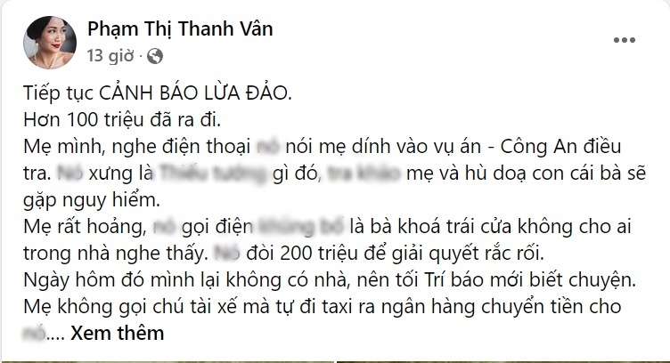 Ốc Thanh Vân đăng tin mẹ ruột bị lừa 100 triệu