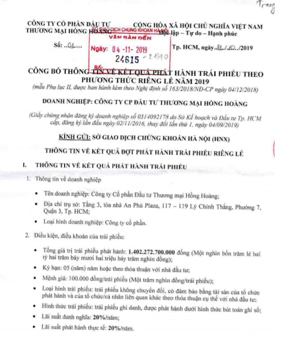 Công bố thông tin sai thời hạn, Công ty Hồng Hoàng bị phạt Công bố thông tin sai thời hạn, Công ty Hồng Hoàng bị phạt