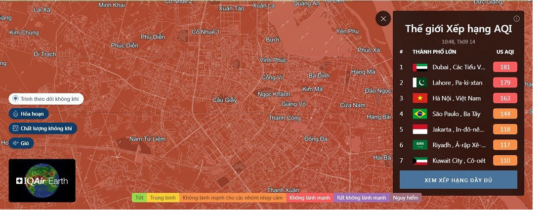 Không khí ở Hà Nội đứng thứ 3 trong bảng xếp hạng ô nhiễm không khí trên thế giới
