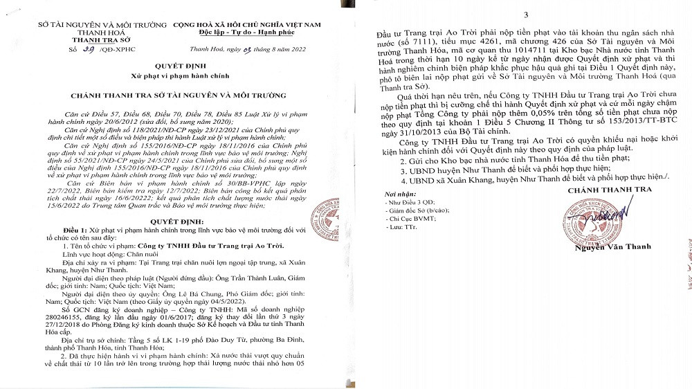 Như Thanh (Thanh Hóa): Xử phạt Công ty Ao trời xả thải vượt quy chuẩn