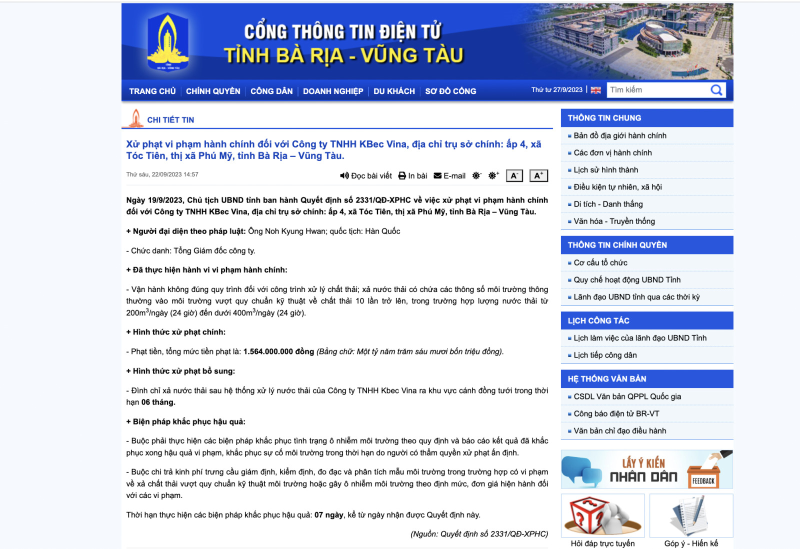 Công ty Kbec Vina bị xử phạt hơn 1,5 tỷ đồng vì xả thải "bậy" Công ty Kbec Vina bị xử phạt hơn 1,5 tỷ đồng vì xả thải "bậy"