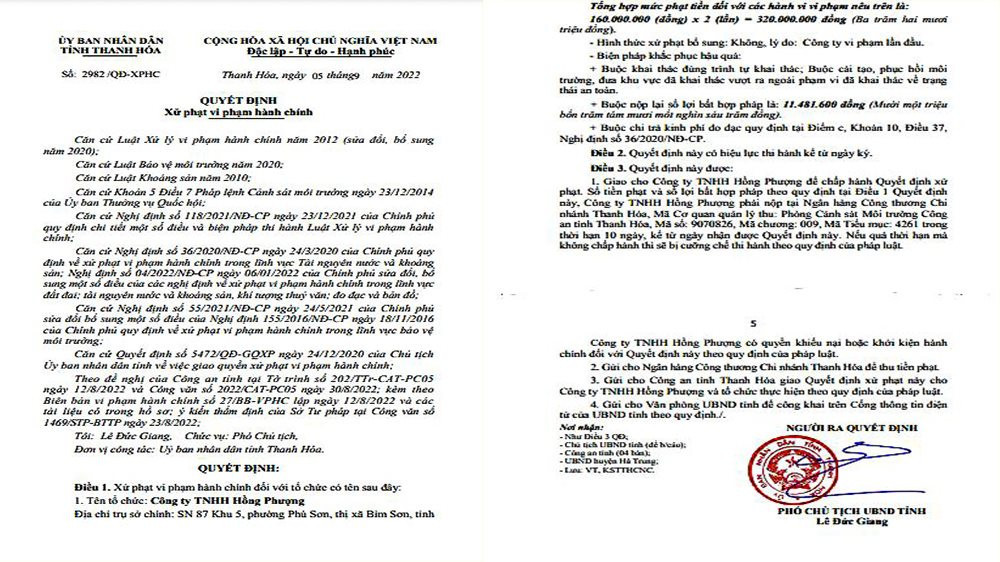 Thanh Hóa: Xử phạt 320 triệu đồng đối với Công ty TNHH Hồng Phượng do vi phạm khai thác khoáng sản Thanh Hóa: Xử phạt 320 triệu đồng đối với Công ty TNHH Hồng Phượng do vi phạm khai thác khoáng sản