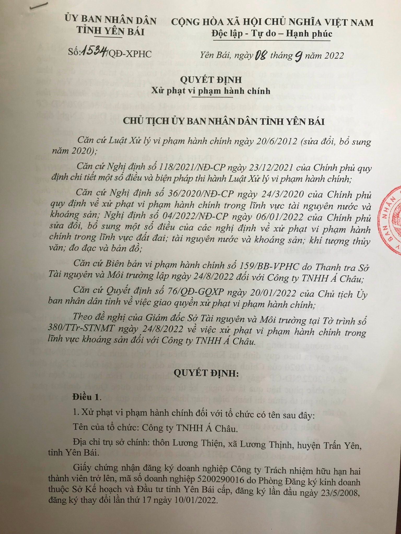 Công ty TNHH Á Châu bị xử phạt 1 tỷ đồng do khai thác vượt công suất Công ty TNHH Á Châu bị xử phạt 1 tỷ đồng do khai thác vượt công suất