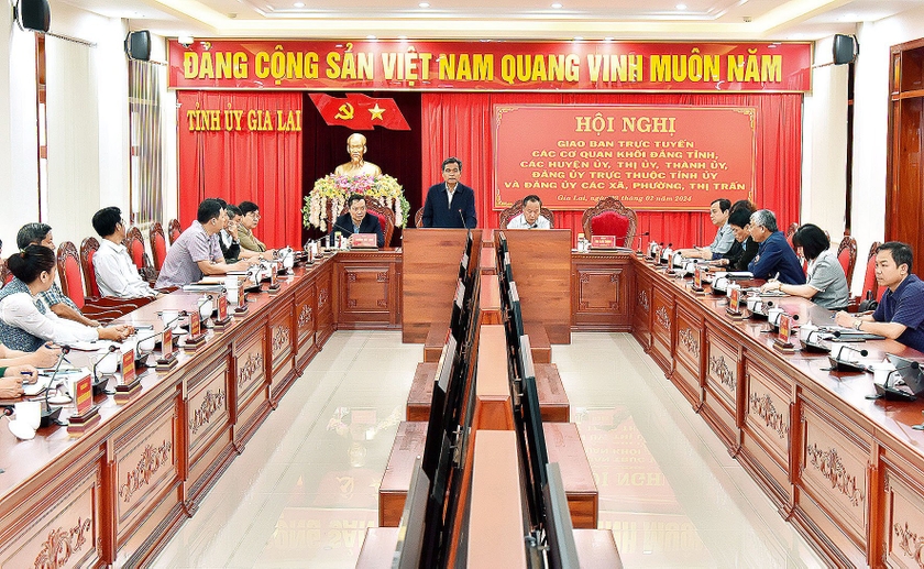 Quang cảnh hội nghị tại điểm cầu trụ sở Tỉnh ủy. Ảnh: Đức Thụy
