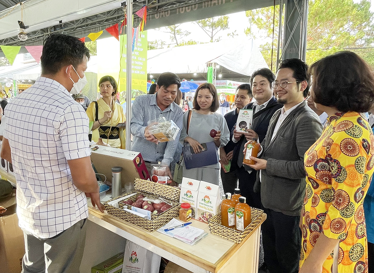 Doanh nghiệp Nhật Bản tham quan gian hàng của tỉnh tại Hội chợ triển lãm thương mại và giới thiệu sản phẩm OCOP khu vực Tây Nguyên-Gia Lai và giao thương doanh nghiệp Nhật Bản năm 2022. Ảnh: Vũ Thảo