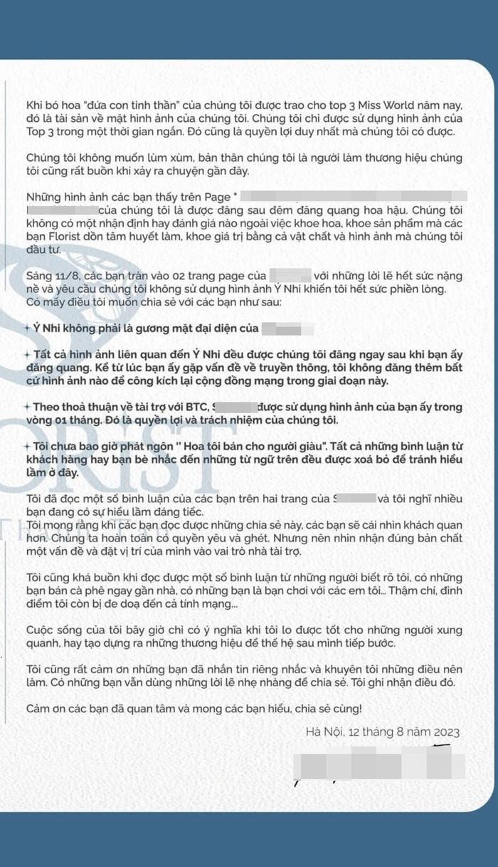 Một nhãn hàng viết tâm thư vì "bị đe dọa" do liên quan Hoa hậu Ý Nhi Một nhãn hàng viết tâm thư vì "bị đe dọa" do liên quan Hoa hậu Ý Nhi