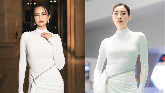 Ngọc Châu đụng độ Lương Thùy Linh trong cùng mẫu váy bó sát, nhan sắc ra sao?