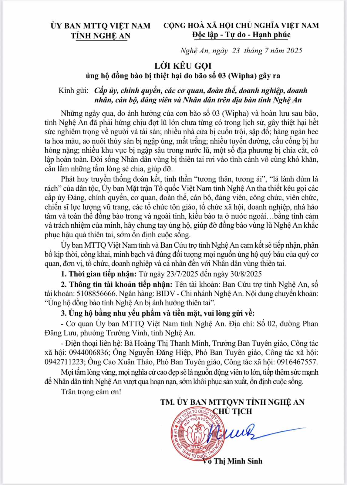 Nghệ An kêu gọi ủng hộ đồng bào bị thiệt hại do bão số 3 (Wipha)