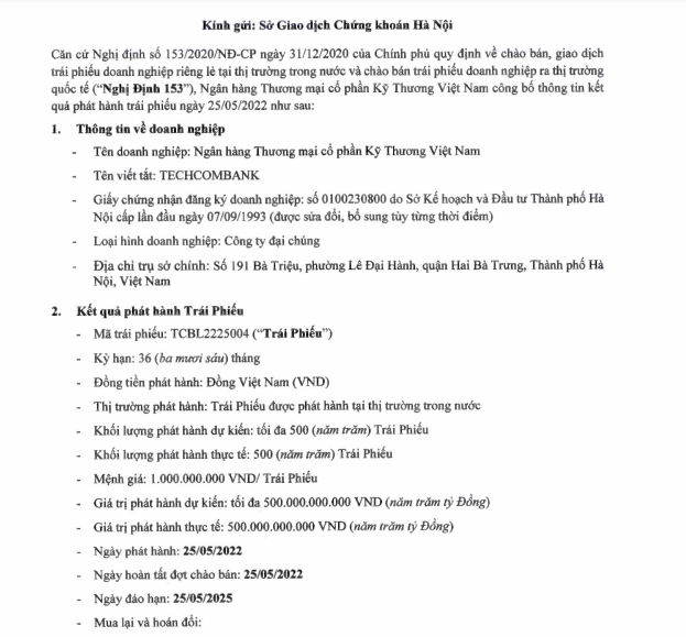 Ngân hàng Techcombank đã vay 2.000 tỷ đồng qua kênh trái phiếu
